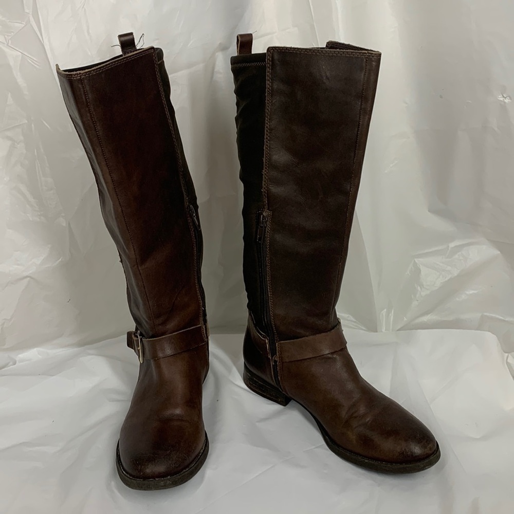 Arturo Chiang Brown Filonna Leather Stretchy Back Riding Boot strap Buckle 8M